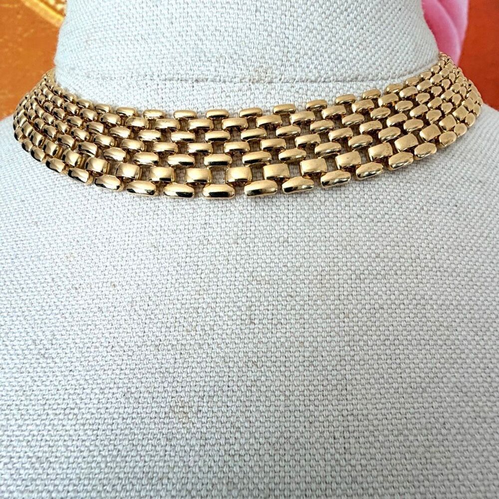 Vintage Gold Tone Multi Row Brick Link Collar Necklace